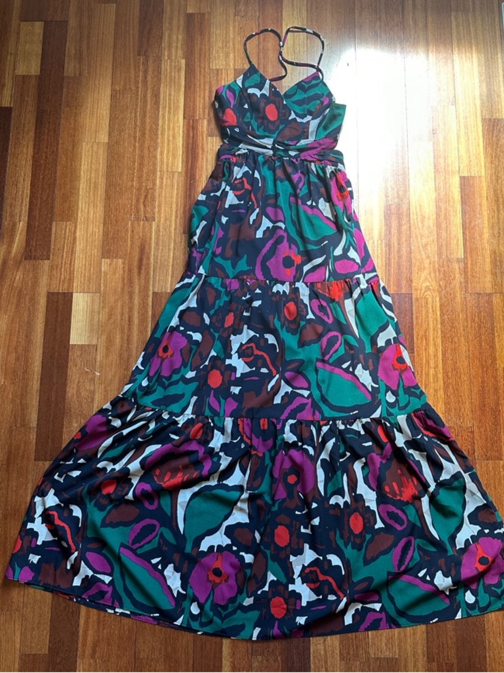 Floral Maxi Dress in Green and Purple - Sleeveless Tiered Sundress
